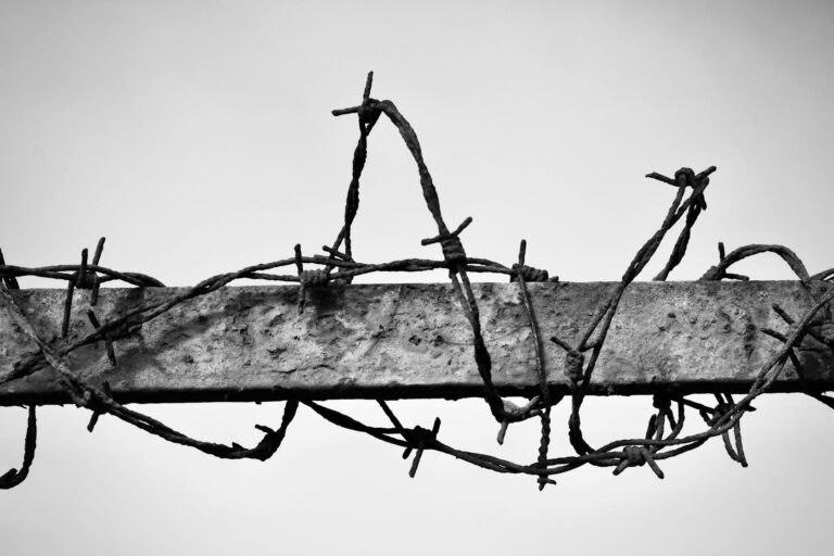 Dramatic black and white photo of barbed wire on a concrete beam symbolizing boundaries and restrictions.
