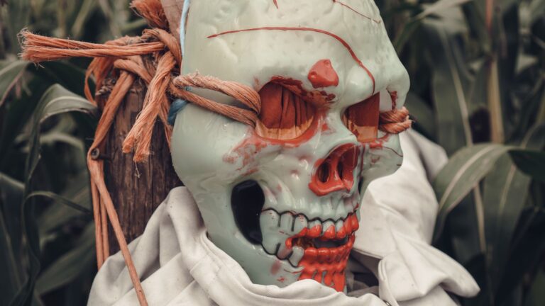 Close-up of a spooky Halloween mask tied to a post amidst cornstalks, creating an eerie scarecrow effect.